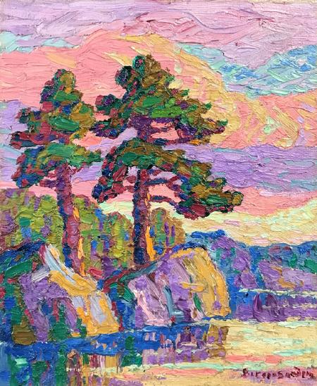 Birger Sandzen "Sunset, Rocky Mountain National Park, Colorado, 1928" 12 x 10 inches, oil on board. AVAILABLE
